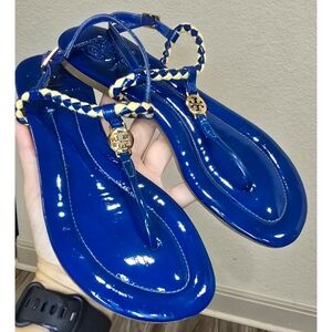 Tory Burch Aine Royal Blue Patent Leather T-Strap Sandals Size 6.5